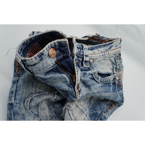 Rock Revival Jeans Mens 31x28 Blue Felix Slim Straight Acid Wash Y2K Distressed - Picture 6 of 8